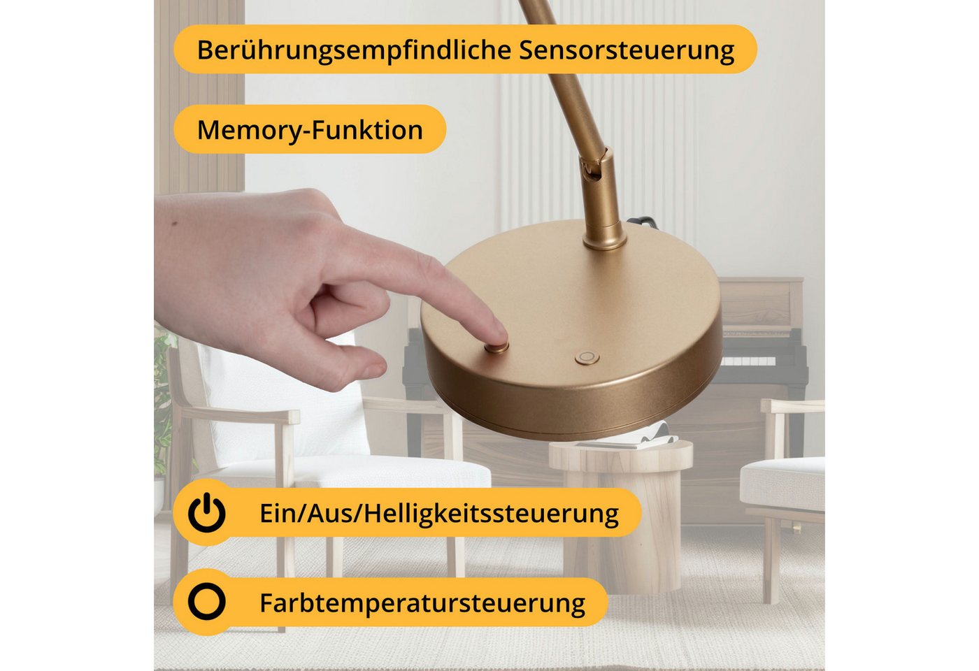 Classic Cantabile LED Tischleuchte 12520 GD Pianoleuchte Gold, LED, warm-weiß, stufenlos dimmbare Leuchte und 78 helle LEDs im breiten Schirm Bild 4