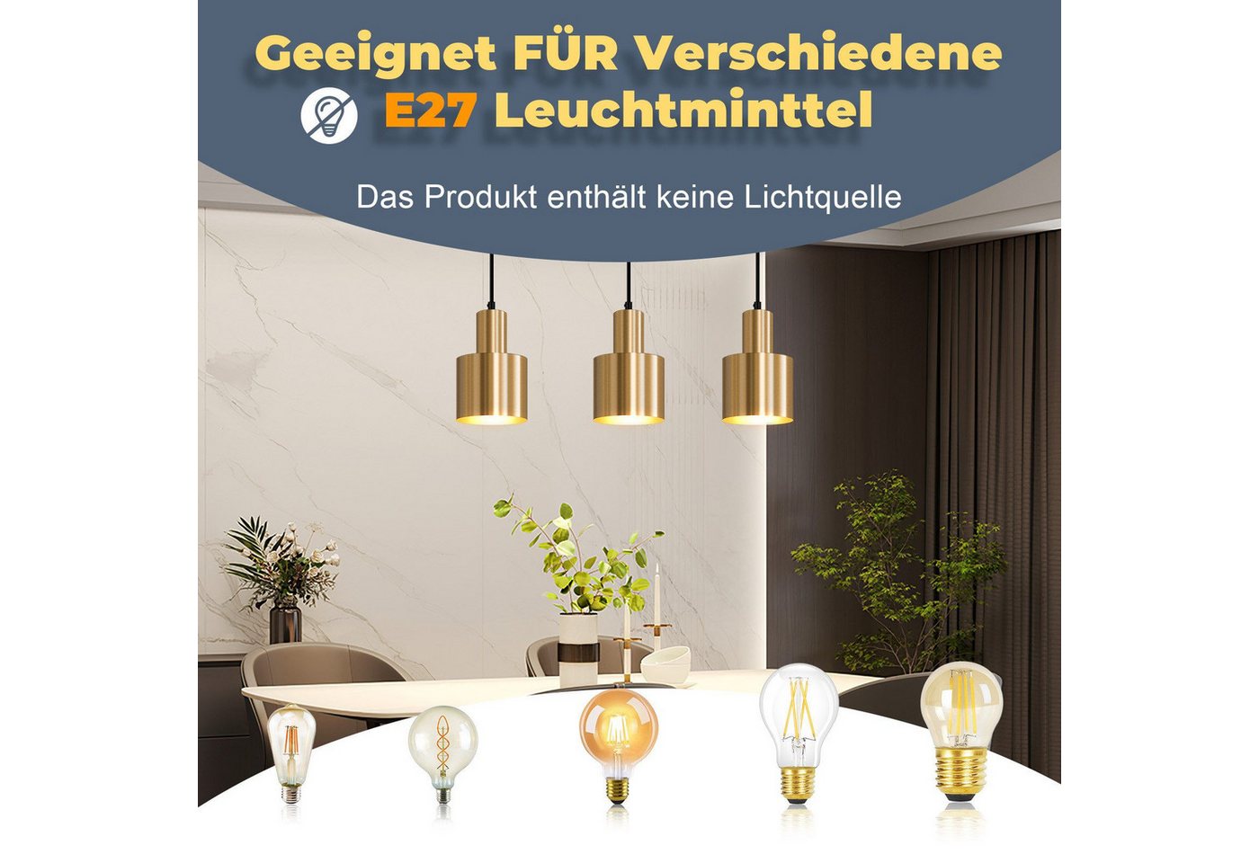 ZMH Pendelleuchte Esszimmer 3 Flammig Gold E27 Hängelampe Metall Schlafzimmer Flur, Einfache Installation, ohne Leuchtmittel, Vintage Esstischlampe für Schlafzimmer Küche Bild 2