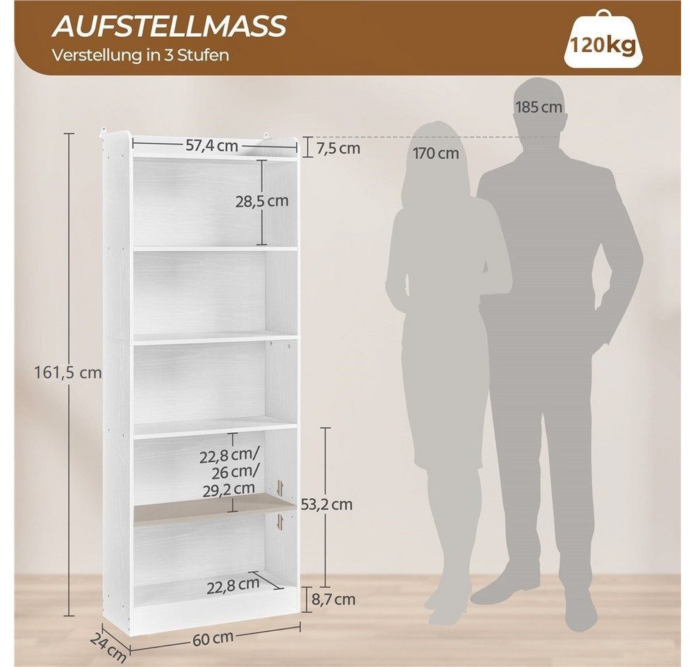 Yaheetech Bücherregal Standregal 161,5/182,5 cm (H), 2-tlg., Schmales Regal Bücherschrank mit 6 Ebenen, 1 verstellbarer Regalboden Bild 3