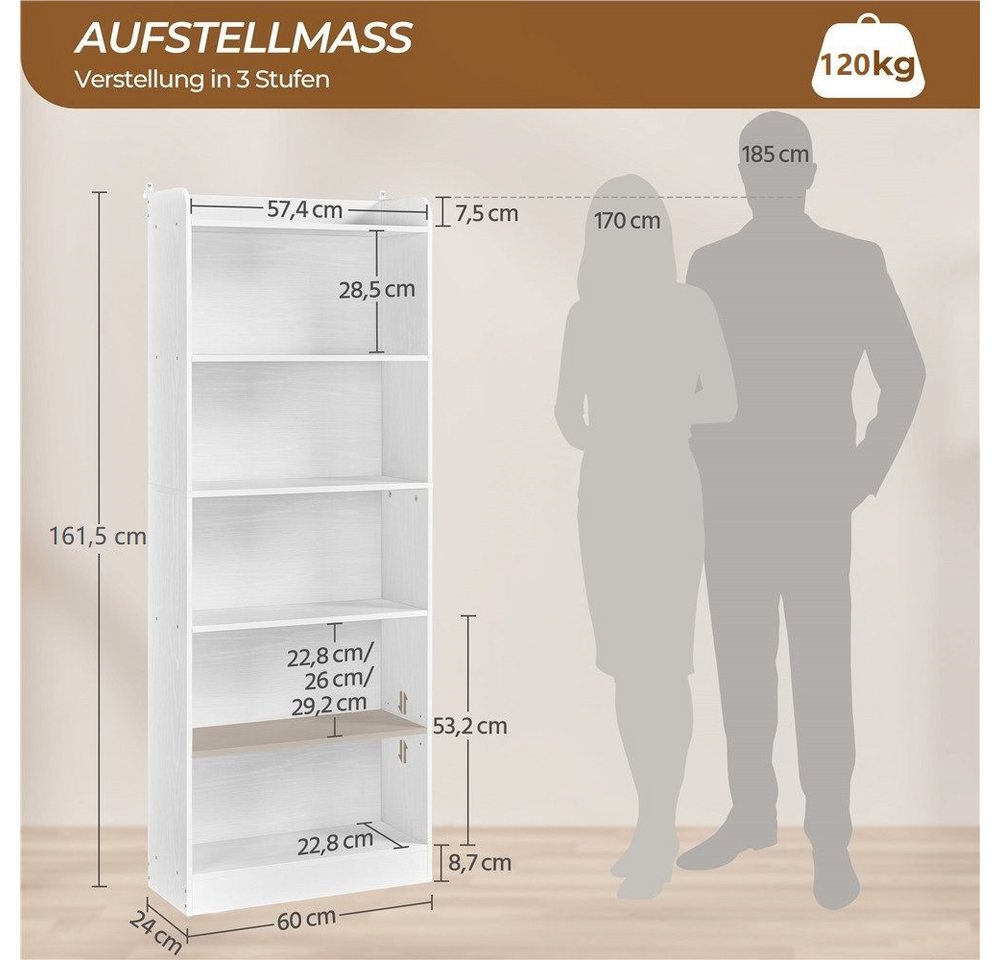 Yaheetech Bücherregal Standregal 161,5/182,5 cm (H), 1-tlg., Schmales Regal Bücherschrank mit 6 Ebenen, 1 verstellbarer Regalboden Bild 2