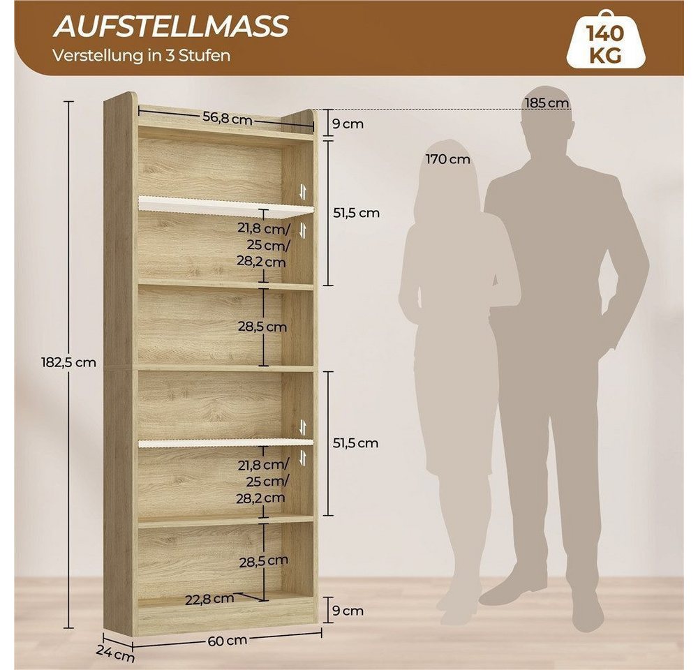 Yaheetech Bücherregal Standregal 161,5/182,5 cm (H), 1-tlg., Schmales Regal Bücherschrank mit 7 Ebenen, 2 verstellbaren Regalböden