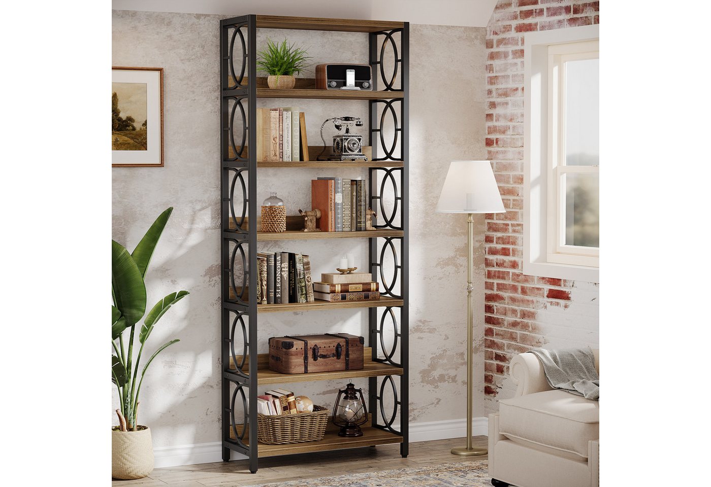 Tribesigns Bücherregal Vintage Standregal, 6-Tier freistehende Display Regal mit Metallrahmen Bild 3