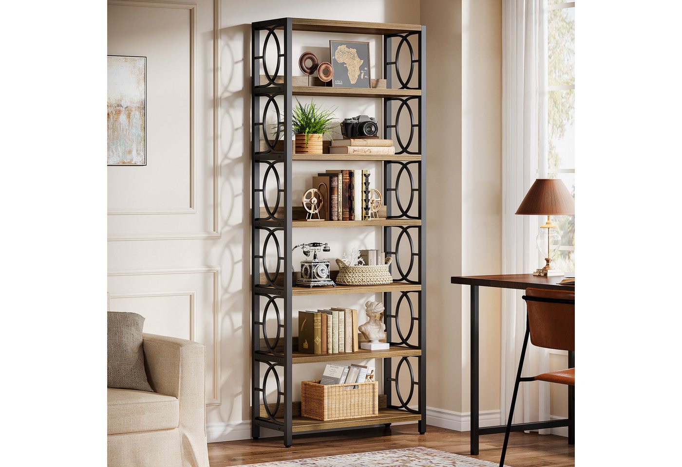 Tribesigns Bücherregal Vintage Standregal, 6-Tier freistehende Display Regal mit Metallrahmen Bild 5