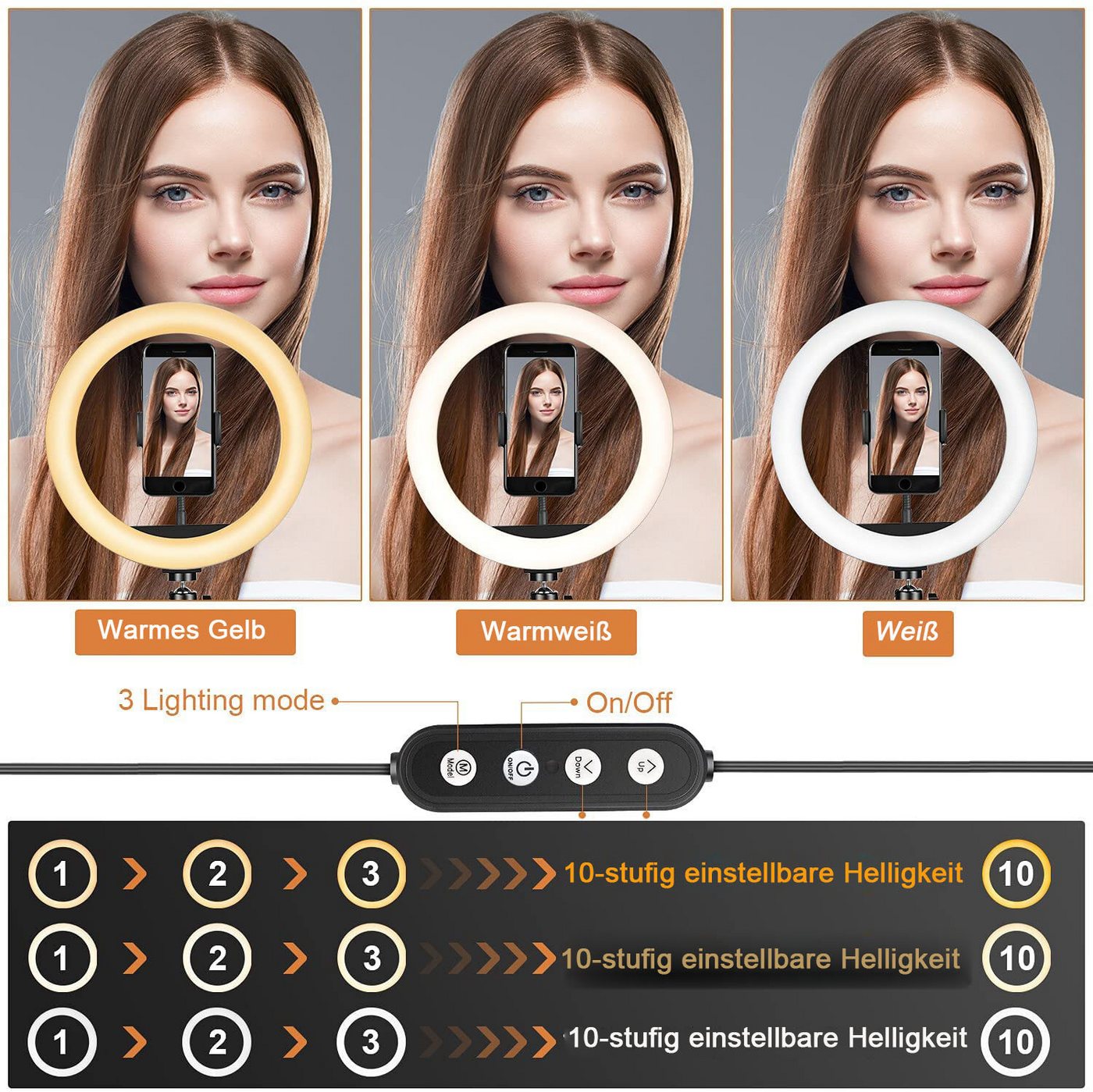 AIMAX Ringlicht 10 Zoll Ringlicht mit Fernsteuerung, mit 3 Farbe und 10 Helligkeitsstufen Bild 4
