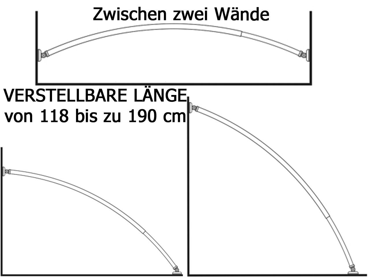 Ekershop Duschvorhangstange ALU AUSZIEHBAR Bogenstange + 2 Schrägwand Adapter Chrom Oval Stange, Ø 28 mm, ausziehbar, kürzbar, Symmetrische Winkel oder Oval für Duschvorhang ohne Duschvorhangringe, Verschraubt, Aluminium, Zwischen zwei Wände Verstellbare Länge von 118 bis zu 190 cm