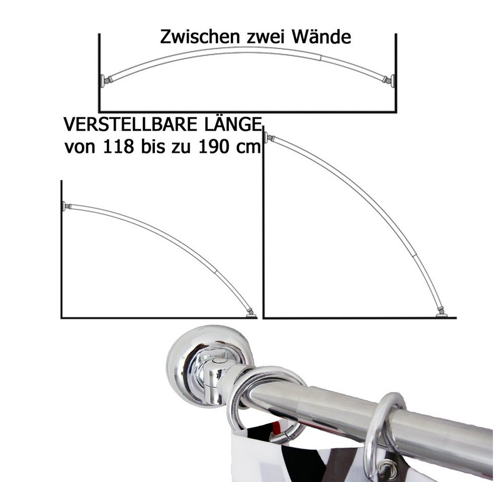 Ekershop Duschvorhangstange ALU AUSZIEHBAR Bogenstange + 2 Schrägwand Adapter Chrom Oval Stange, Ø 28 mm, ausziehbar, kürzbar, Symmetrische Winkel oder Oval für Duschvorhang ohne Duschvorhangringe, Verschraubt, Aluminium, Zwischen zwei Wände Verstellbare Länge von 118 bis zu 190 cm Bild 2