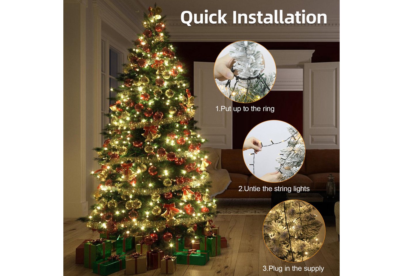OZAVO LED-Lichterkette led lichterkette weihnachtsbaum mit ring und 8 Girlanden,2M,8 Modi, 280-flammig, LED Weihnachtsbaum-Überwurf-Lichterkette für 150cm-210cm Tannenbaum Bild 4