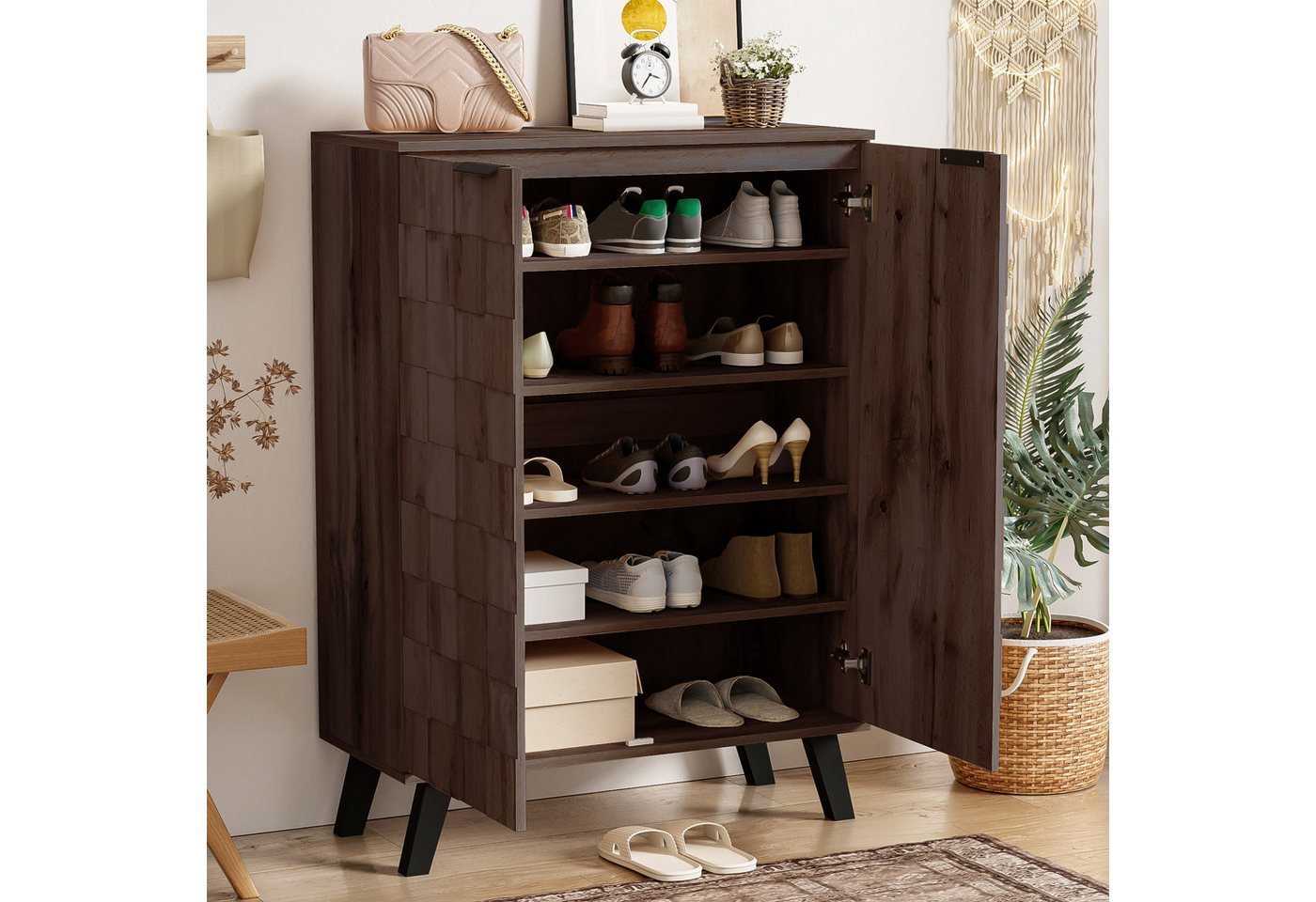 STILVORA TV-Schrank mit Beine,TV-Regal TV-Ständer mit offene Fächer&Türen&Stautaum,wood (Kommode, Anrichte, Wohnzimmerschrank, Highboard, 1-St., 2 Türen) Mit Verstellbare Einlegeböden Bild 3