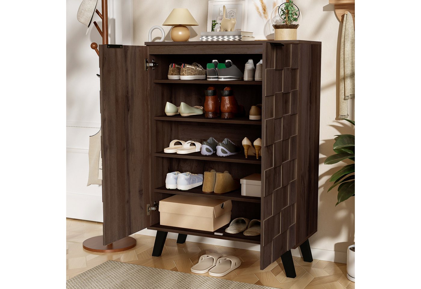 STILVORA TV-Schrank mit Beine,TV-Regal TV-Ständer mit offene Fächer&Türen&Stautaum,wood (Kommode, Anrichte, Wohnzimmerschrank, Highboard, 1-St., 2 Türen) Mit Verstellbare Einlegeböden Bild 4