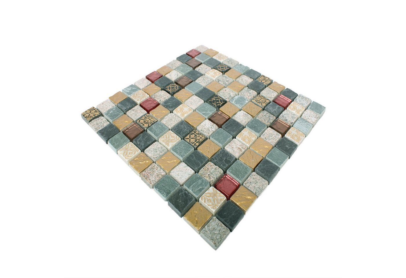 Mosafil Mosaikfliesen Mosaikfliesen Glas Naturstein Mix Sulluna Gold Grau, Naturstein-Glas 30.000x30.000, schwarz-gold-grau, Verlegefertig auf ein Netz geklebt