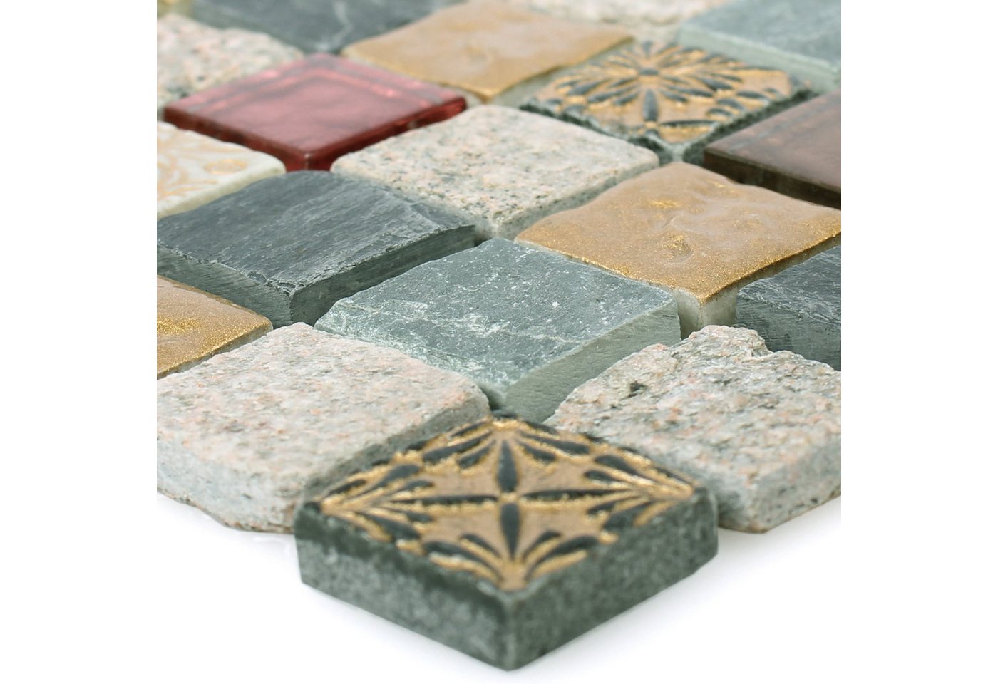 Mosafil Mosaikfliesen Mosaikfliesen Glas Naturstein Mix Sulluna Gold Grau, Naturstein-Glas 30.000x30.000, schwarz-gold-grau, Verlegefertig auf ein Netz geklebt Bild 2