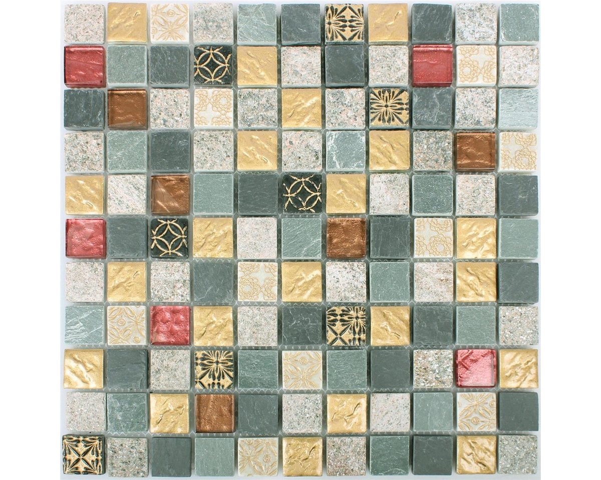Mosafil Mosaikfliesen Mosaikfliesen Glas Naturstein Mix Sulluna Gold Grau, Naturstein-Glas 30.000x30.000, schwarz-gold-grau, Verlegefertig auf ein Netz geklebt Bild 3