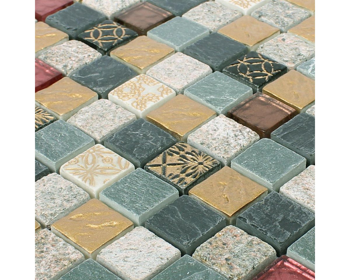 Mosafil Mosaikfliesen Mosaikfliesen Glas Naturstein Mix Sulluna Gold Grau, Naturstein-Glas 30.000x30.000, schwarz-gold-grau, Verlegefertig auf ein Netz geklebt Bild 4