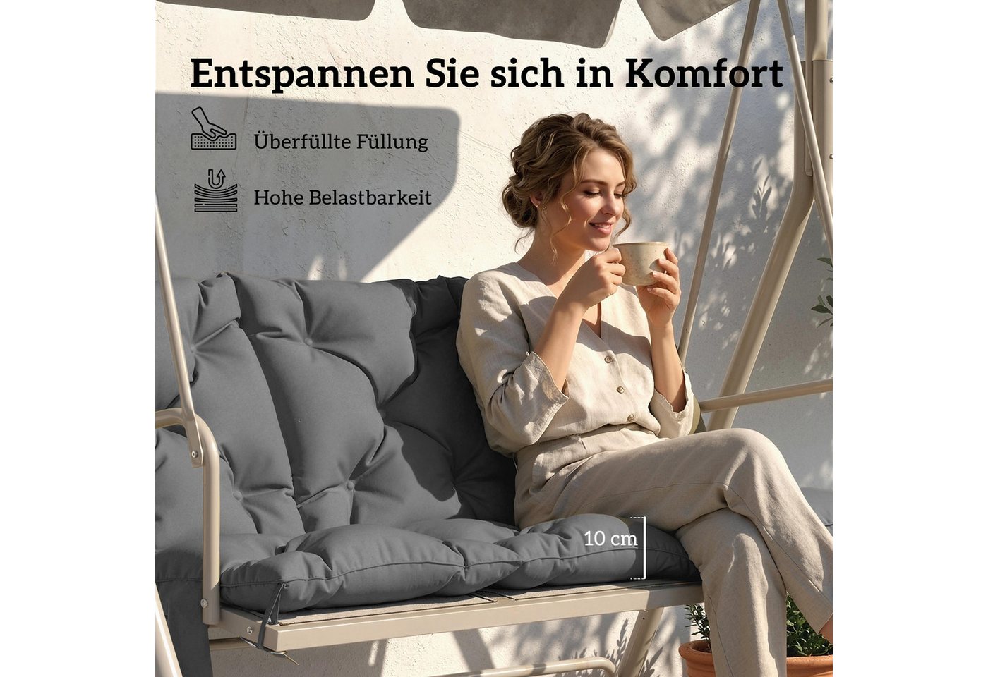 Outsunny Bankauflage Sitzkissen mit Rückenlehne, (Bankkissen, 1 St., Sitzauflage), wasserabweisend, UV30+ Schutz, Seitentasche, 8 Bänder Bild 2