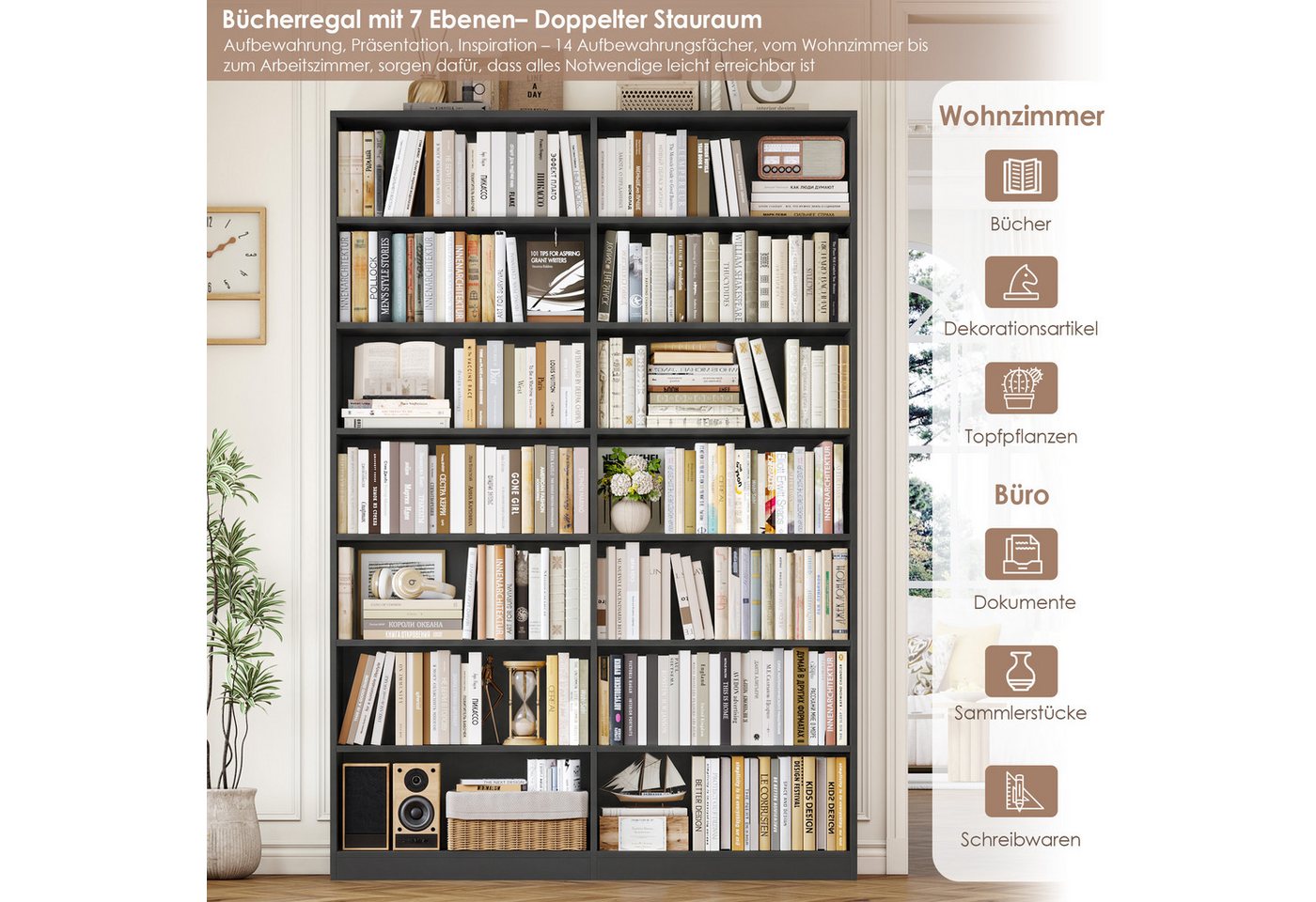 Homfa Bücherregal 212 cm hoch Standregal Bücherschrank Regal, mit 14 Fächern Raumteiler Aufbewahrungsregal 116x28,5x212 cm schwarz Bild 3