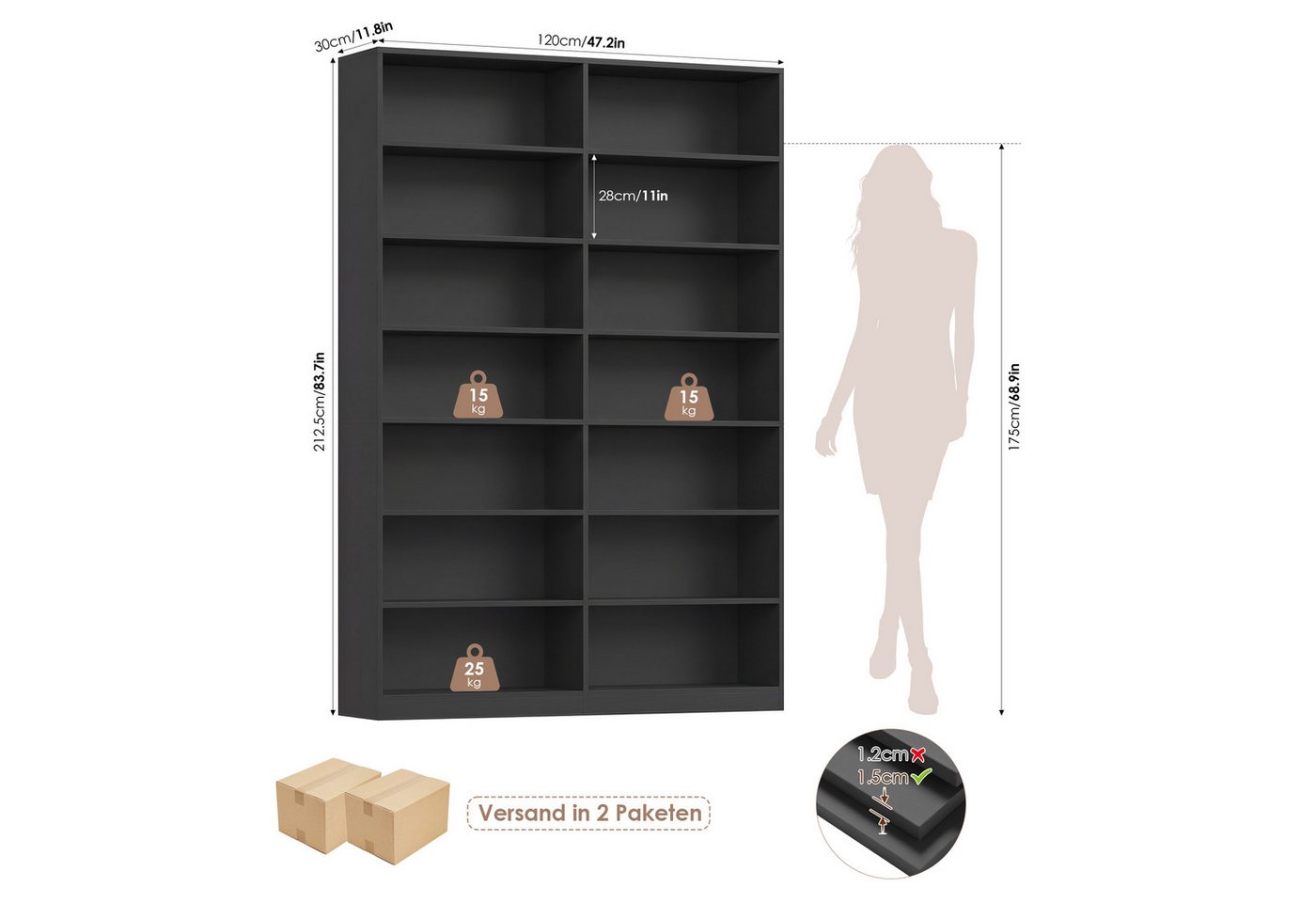 Homfa Bücherregal 212 cm hoch Standregal Bücherschrank Regal, mit 14 Fächern Raumteiler Aufbewahrungsregal 116x28,5x212 cm schwarz Bild 4