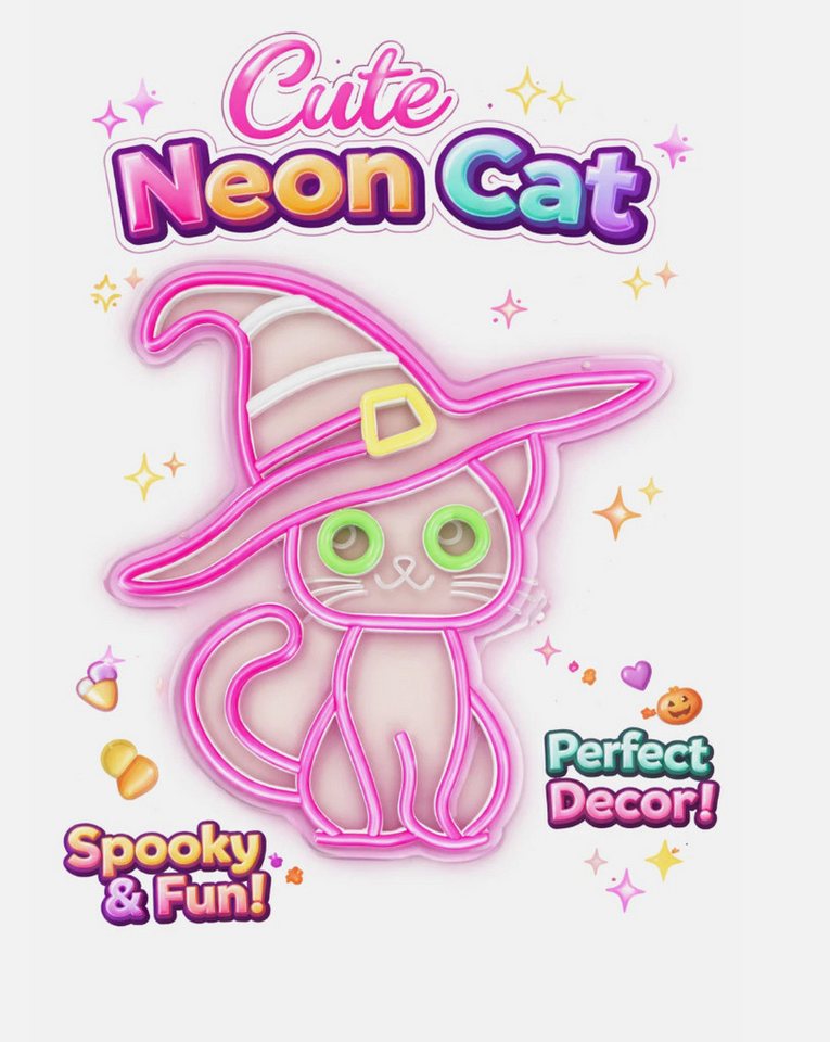 TSE LED Nachtlicht Katze mit Hexenhut Neon Licht 30x30 cm Halloween Wanddeko LED