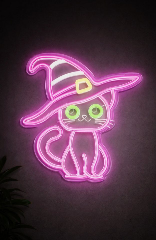 TSE LED Nachtlicht Katze mit Hexenhut Neon Licht 30x30 cm Halloween Wanddeko LED Bild 3