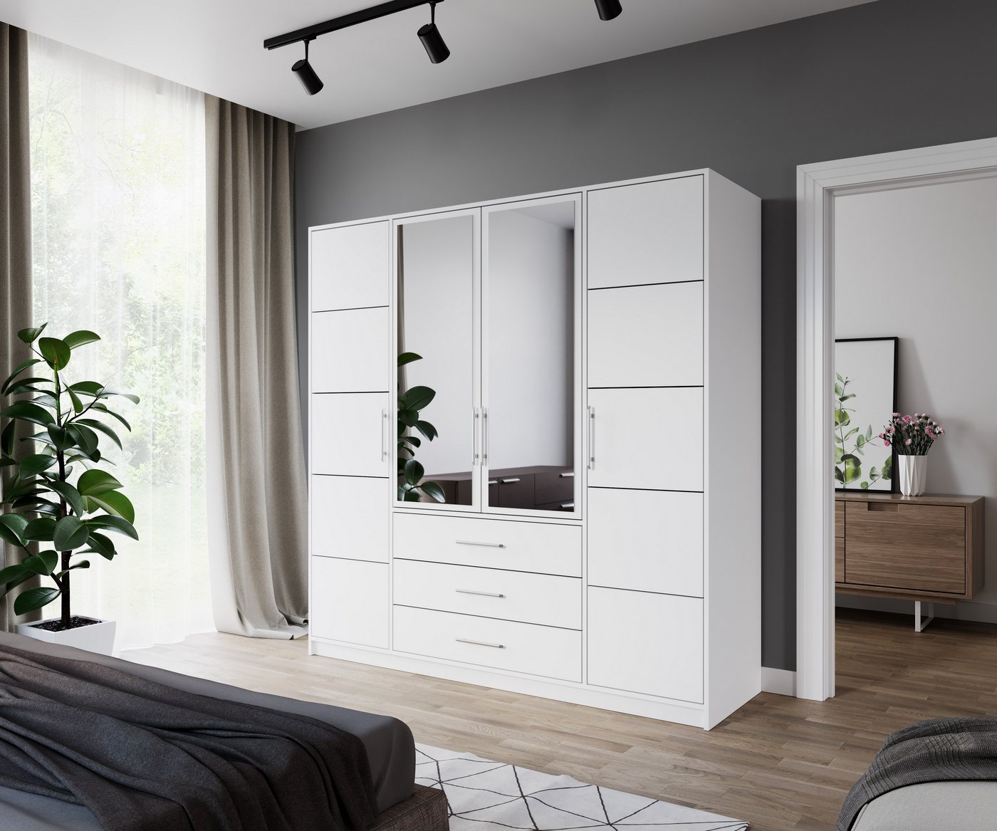 Masseno Drehtürenschrank ELISE 196 cm Kleiderschrank mit Spiegel 4 Türen und 3 Schubladen Weiß Bild 3