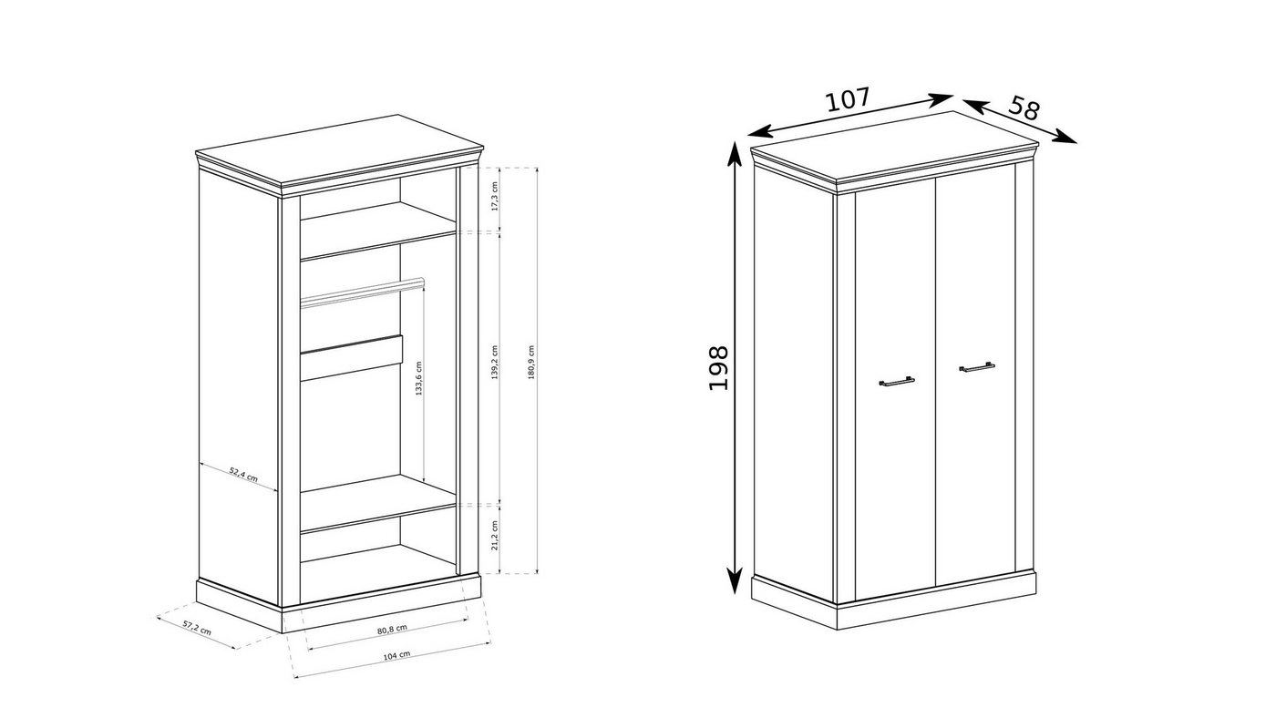 Masseno Drehtürenschrank DESIO 107 cm Kleiderschrank 2 Türen Schlafzimmerschrank Braun