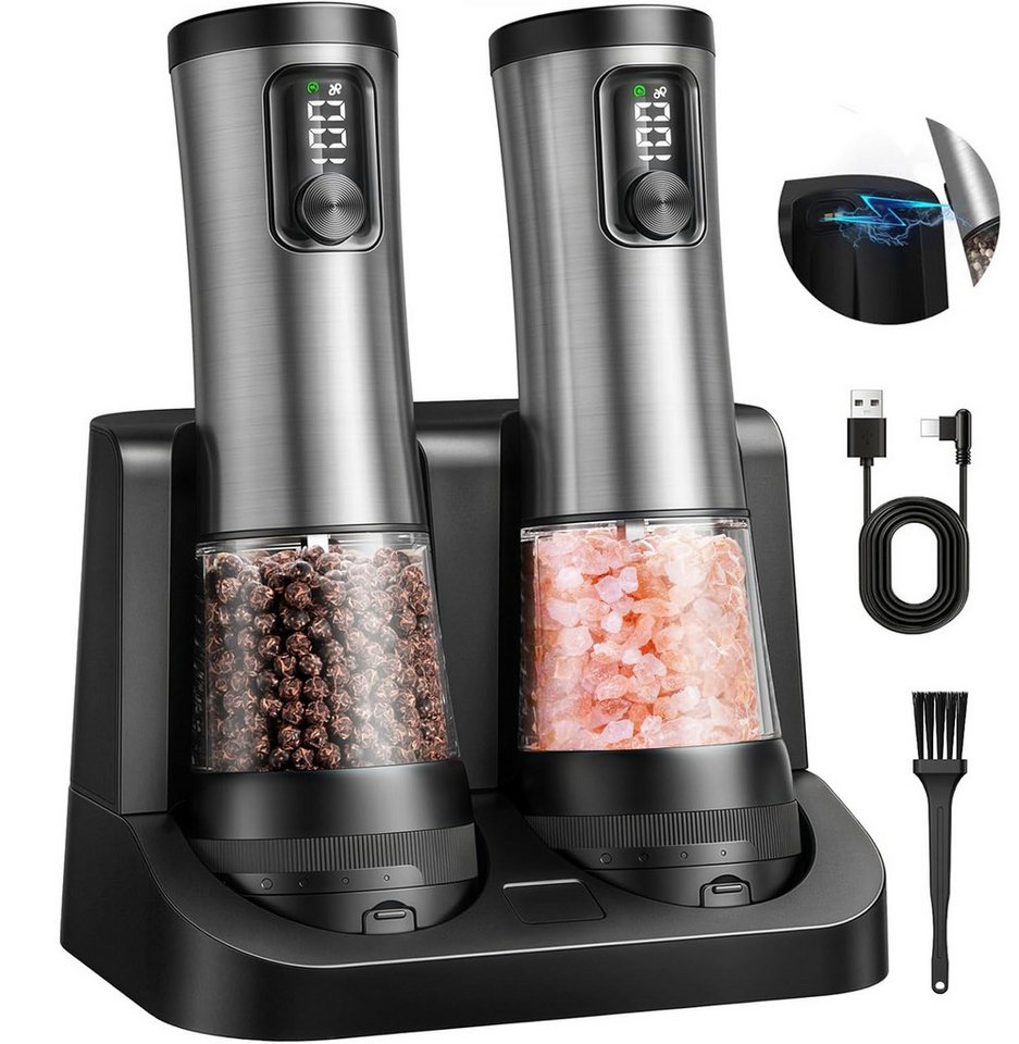AKKEE Salz-/Pfeffermühle Elektrische Salz und Pfeffermühle Set LCD-Display, USB-Aufladung, Gewürzmühle Elektrisch, 100 ml großes Fassungsvermögen