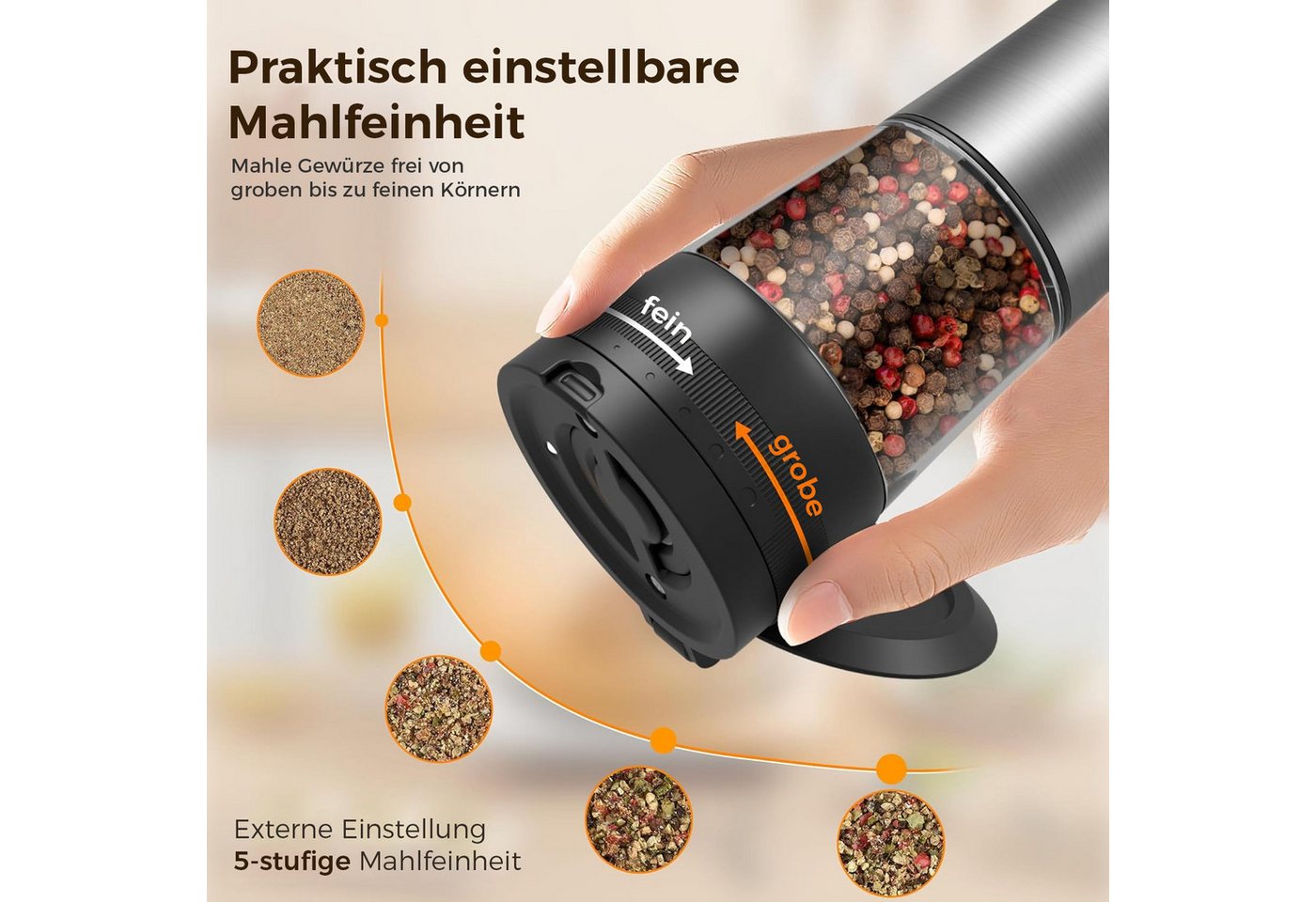 AKKEE Salz-/Pfeffermühle Elektrische Salz und Pfeffermühle Set LCD-Display, USB-Aufladung, Gewürzmühle Elektrisch, 100 ml großes Fassungsvermögen Bild 2