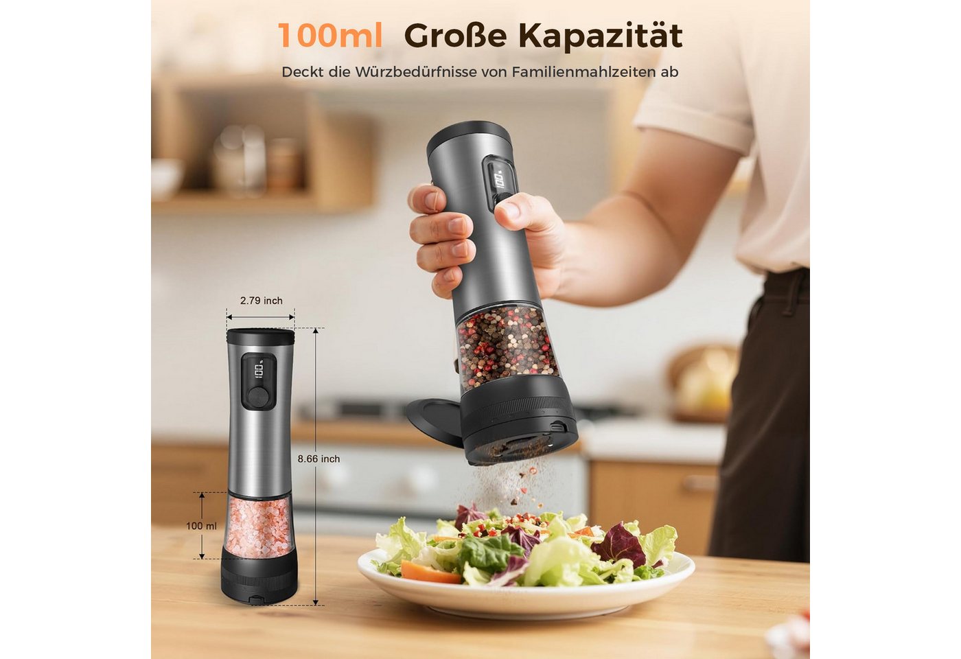 AKKEE Salz-/Pfeffermühle Elektrische Salz und Pfeffermühle Set LCD-Display, USB-Aufladung, Gewürzmühle Elektrisch, 100 ml großes Fassungsvermögen Bild 3