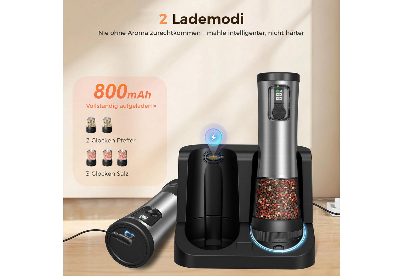 AKKEE Salz-/Pfeffermühle Elektrische Salz und Pfeffermühle Set LCD-Display, USB-Aufladung, Gewürzmühle Elektrisch, 100 ml großes Fassungsvermögen Bild 5