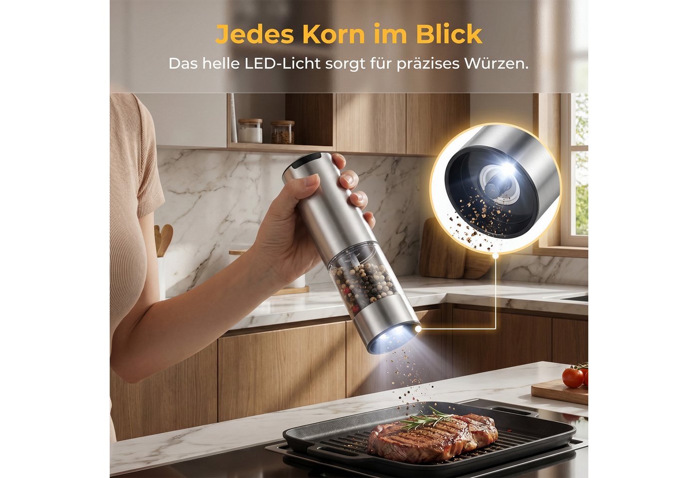 AKKEE Salz-/Pfeffermühle Elektrische Salzmühle & Pfeffermühle, 2er Set, LED-Beleuchtung, Pfeffermühle Elektrisch mit USB Aufladbar Bild 4