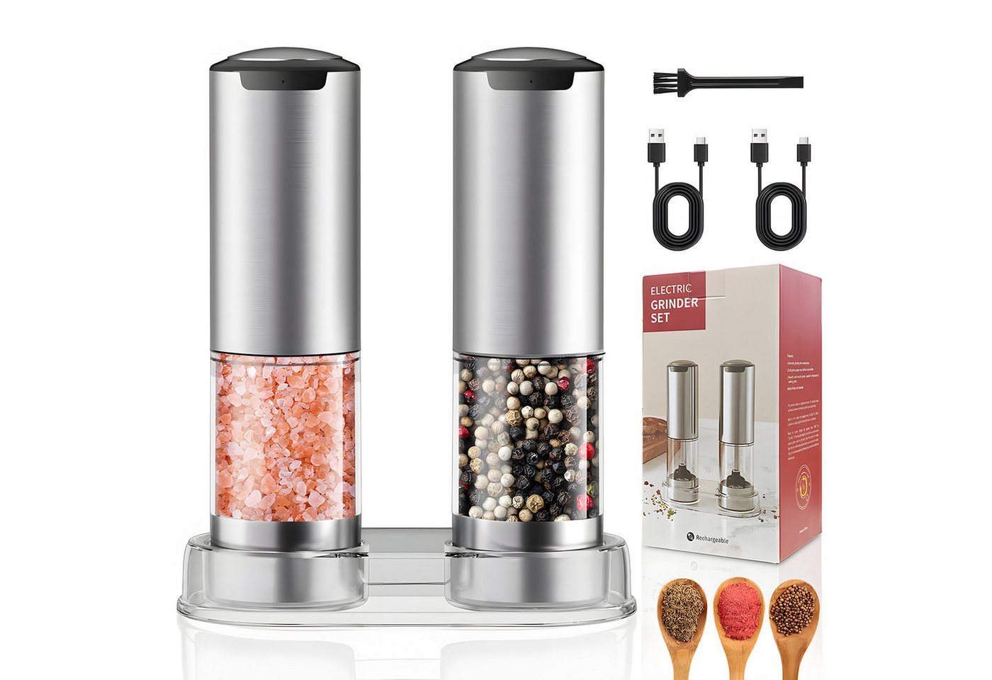 AKKEE Salz-/Pfeffermühle Elektrische Salzmühle & Pfeffermühle, 2er Set, LED-Beleuchtung, Pfeffermühle Elektrisch mit USB Aufladbar Bild 5