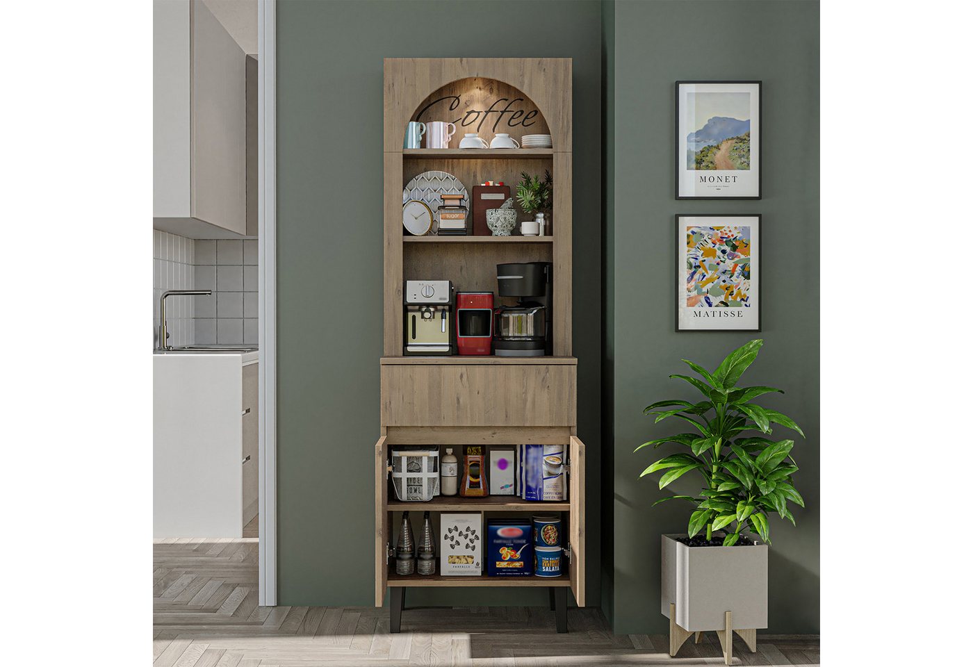 Roomart Küchenregal VENEDIK Küchenschrank 60 cm, Buffet, Schublade in 4 Farben, Buffet- & Mehrzweckschrank, LED Bogennische, Schublade, 4 Farben, 18 mm Platten