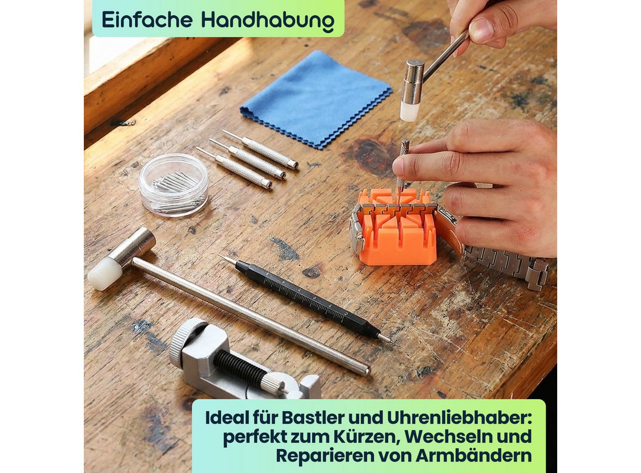 shop'n smile ideoon Reparatur-Set Profi Uhrenwerkzeug-Set (26-tlg), Armbandkürzer & Bandwechsel, 26-tlg., 26-tl. Uhrenwerkzeug-Set/Tasche für Bandwechsel & Filigranarbeiten