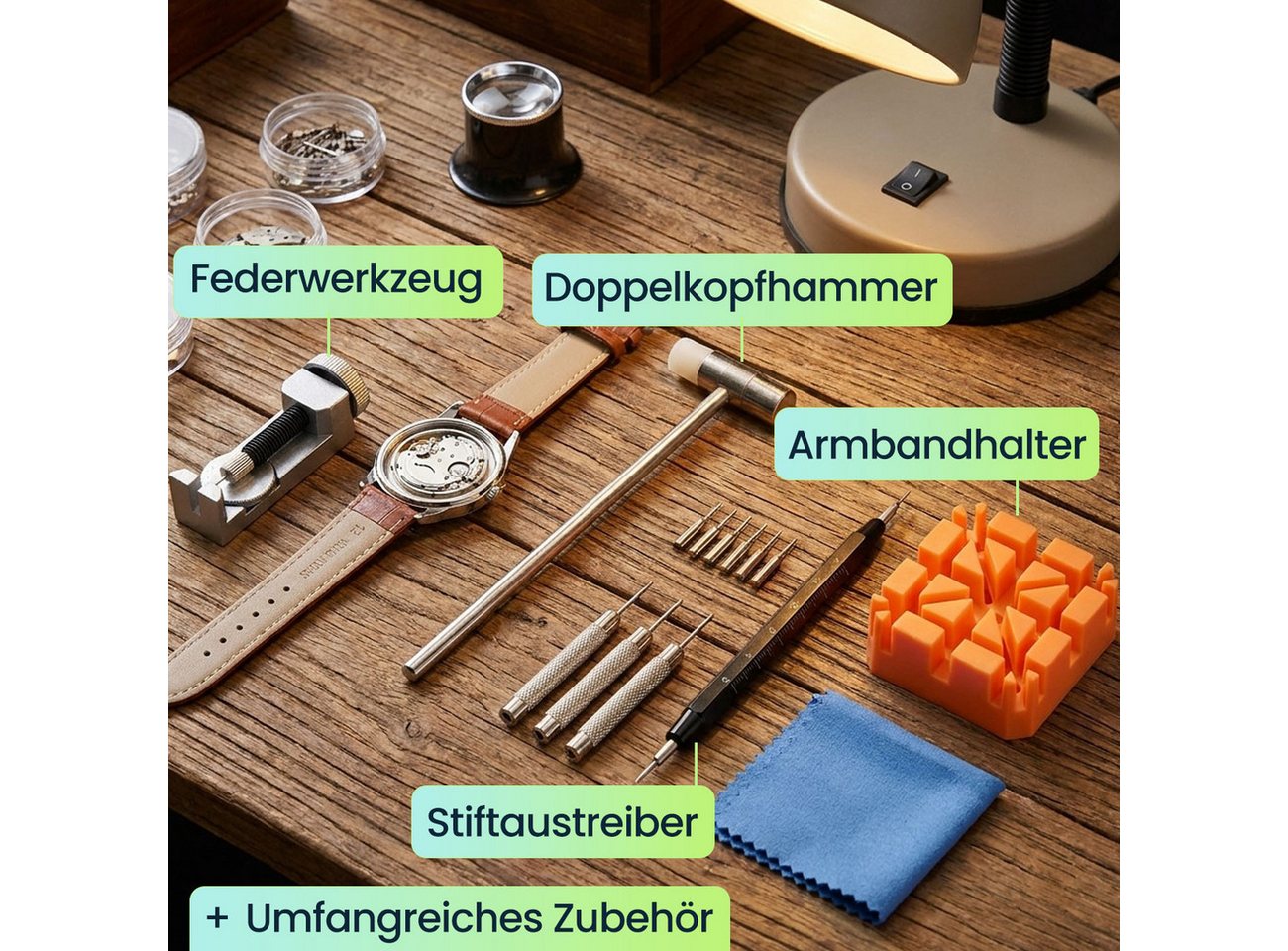 shop'n smile ideoon Reparatur-Set Profi Uhrenwerkzeug-Set (26-tlg), Armbandkürzer & Bandwechsel, 26-tlg., 26-tl. Uhrenwerkzeug-Set/Tasche für Bandwechsel & Filigranarbeiten Bild 2