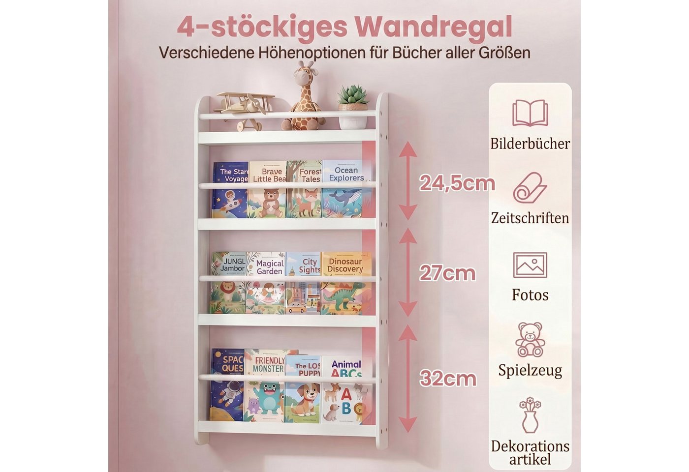 KOMFOTTEU Bücherregal Kinderbücherregal Kinderregal Wandregal, mit 4 Fächern, 56 x 12 x 107 cm Bild 5