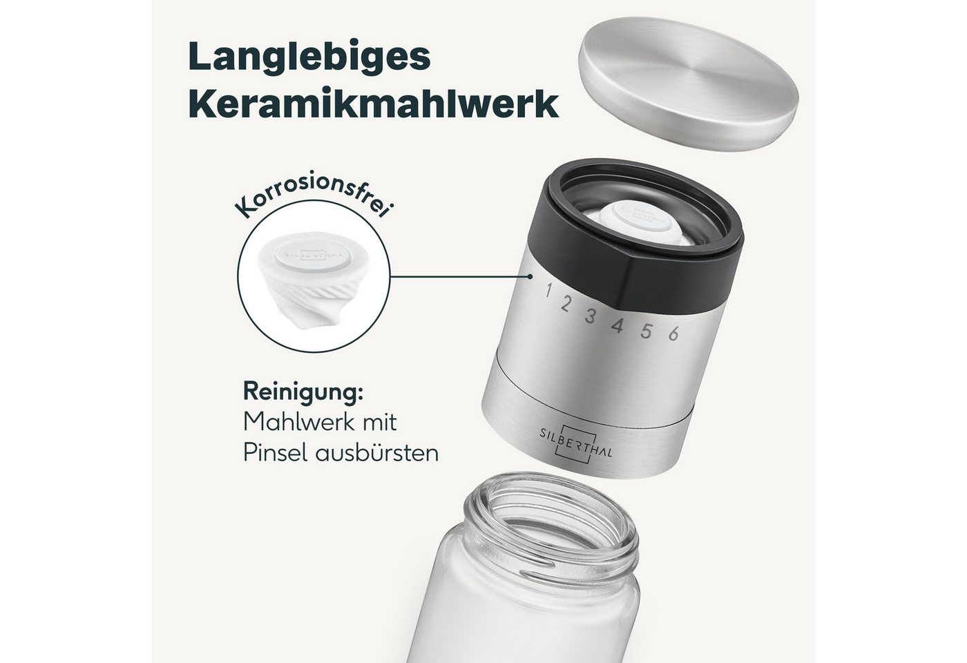 SILBERTHAL Salzmühle & Pfeffermühlen 2er Set mit Einstellring, (2 Stück), Salatsaucen Behälter mit integrierter Skala, perfekt zum Mitnehmen
