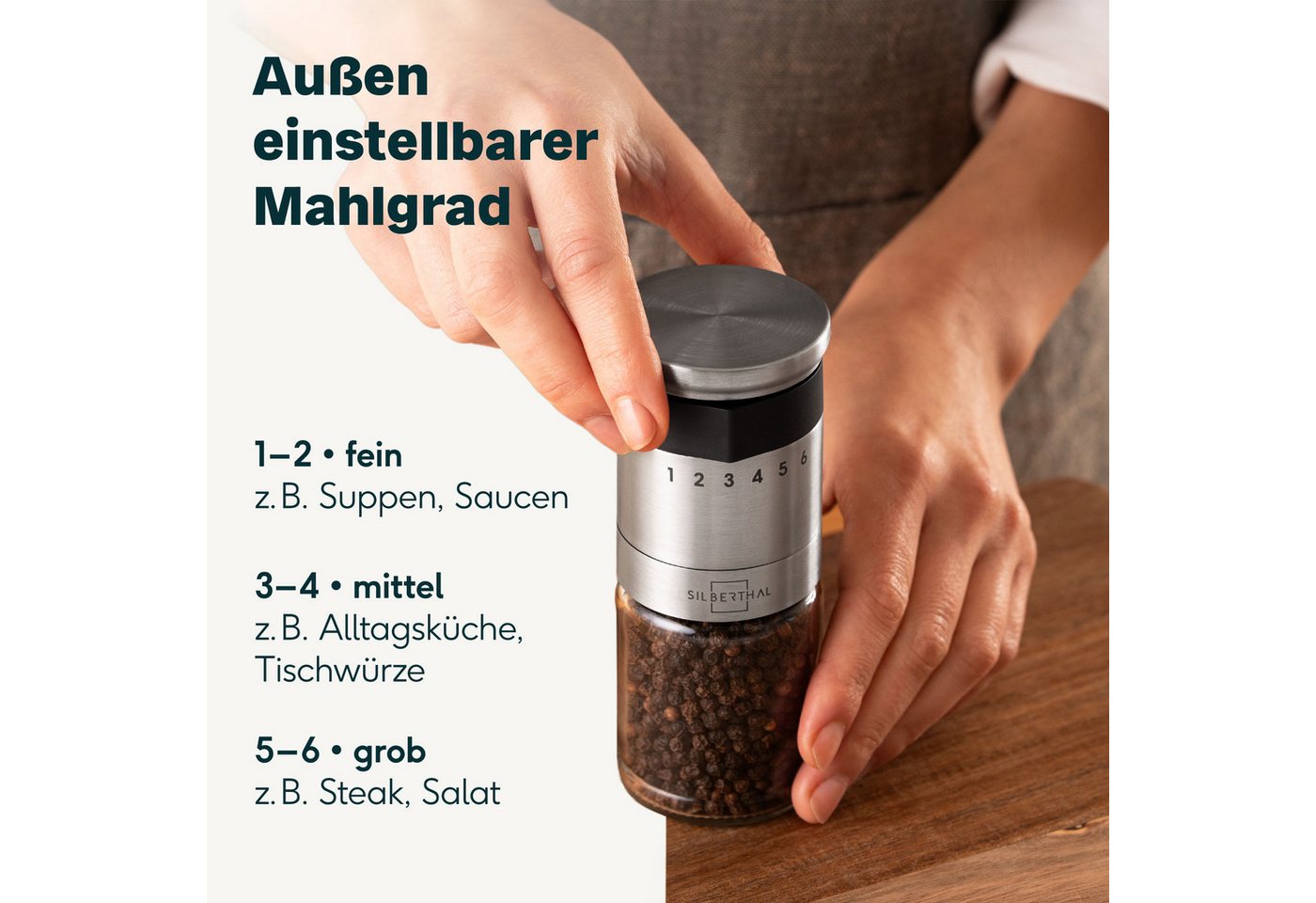 SILBERTHAL Salzmühle & Pfeffermühlen 2er Set mit Einstellring, (2 Stück), Salatsaucen Behälter mit integrierter Skala, perfekt zum Mitnehmen Bild 2