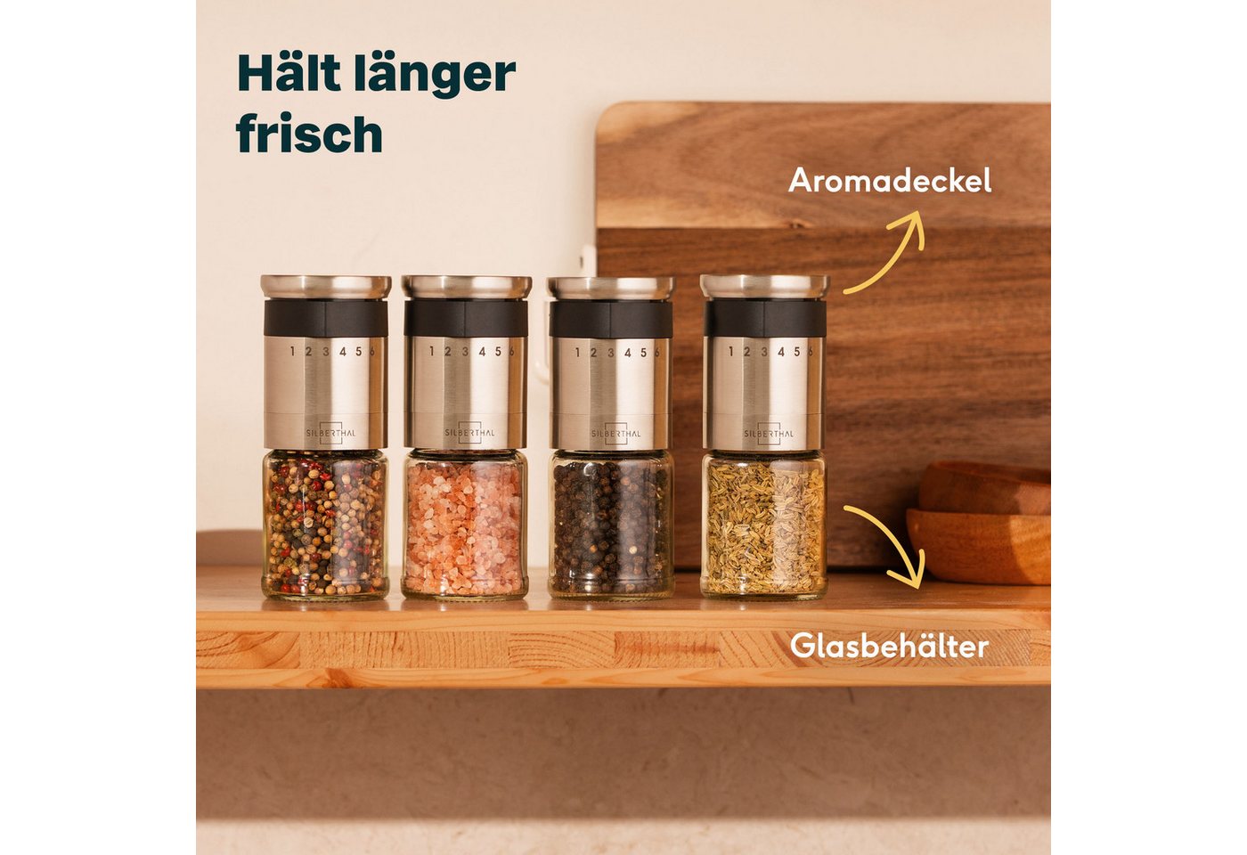 SILBERTHAL Salzmühle & Pfeffermühlen 2er Set mit Einstellring, (2 Stück), Salatsaucen Behälter mit integrierter Skala, perfekt zum Mitnehmen Bild 3