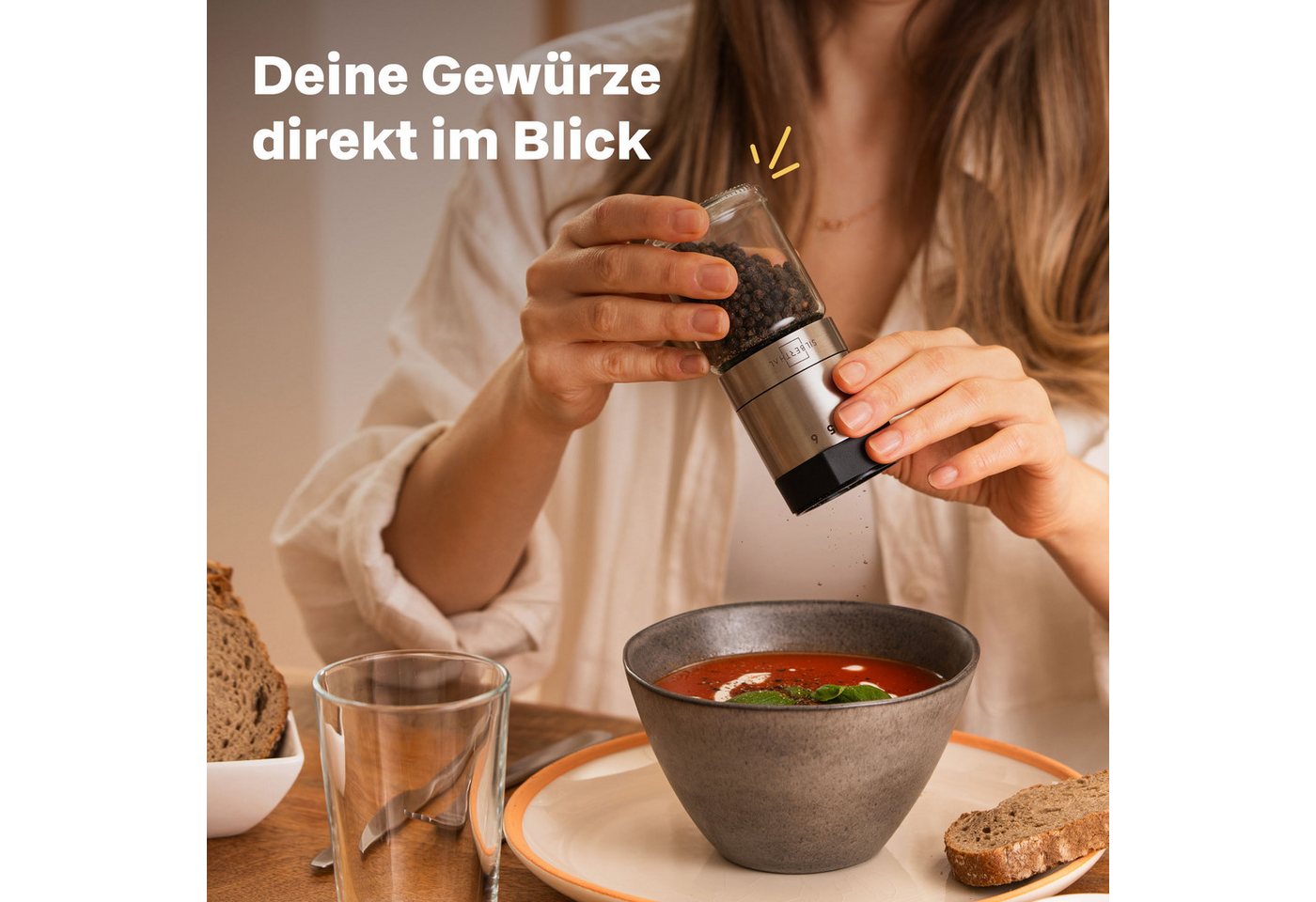 SILBERTHAL Salzmühle & Pfeffermühlen 2er Set mit Einstellring, (2 Stück), Salatsaucen Behälter mit integrierter Skala, perfekt zum Mitnehmen Bild 4