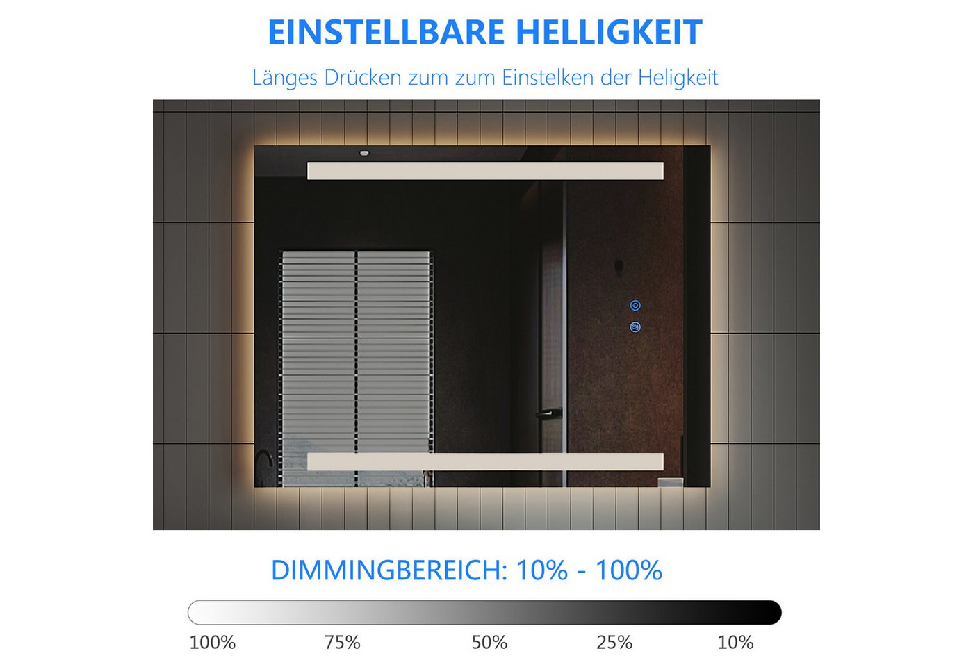 IMPTS Badspiegel Badezimmer Bad Wandspiegel mit LED Beleuchtung Beschlagfrei Dimmbar (Packung, Speicherfunktion, Beschlagfrei, Touch-Schalter, Energiesparend), Anti-Beschlag Memory Funktion Neutralweiß Horizontal/Vertikal Montage