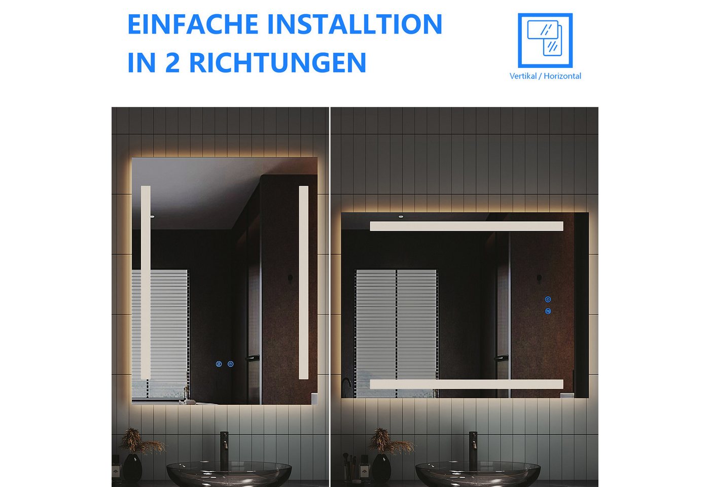IMPTS Badspiegel Badezimmer Bad Wandspiegel mit LED Beleuchtung Beschlagfrei Dimmbar (Packung, Speicherfunktion, Beschlagfrei, Touch-Schalter, Energiesparend), Anti-Beschlag Memory Funktion Neutralweiß Horizontal/Vertikal Montage Bild 3