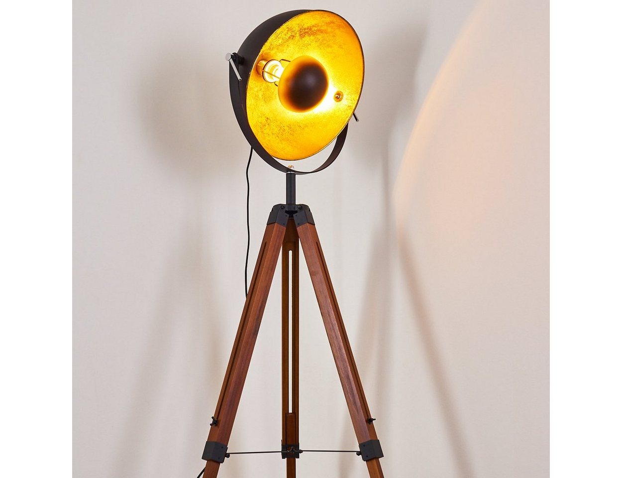hofstein Stehlampe »Ghedi« Vintage Stehleuchte in Schwarz/Gold aus Metall, ohne Leuchtmittel, Gestell Holz in Weiß, Ø45cm, E27, verstellbare Bodenleuchte