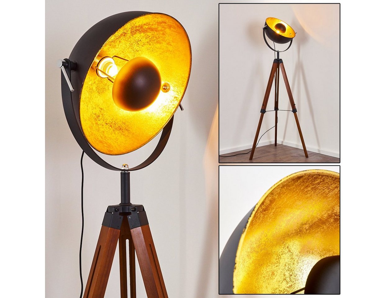 hofstein Stehlampe »Ghedi« Vintage Stehleuchte in Schwarz/Gold aus Metall, ohne Leuchtmittel, Gestell Holz in Weiß, Ø45cm, E27, verstellbare Bodenleuchte Bild 2
