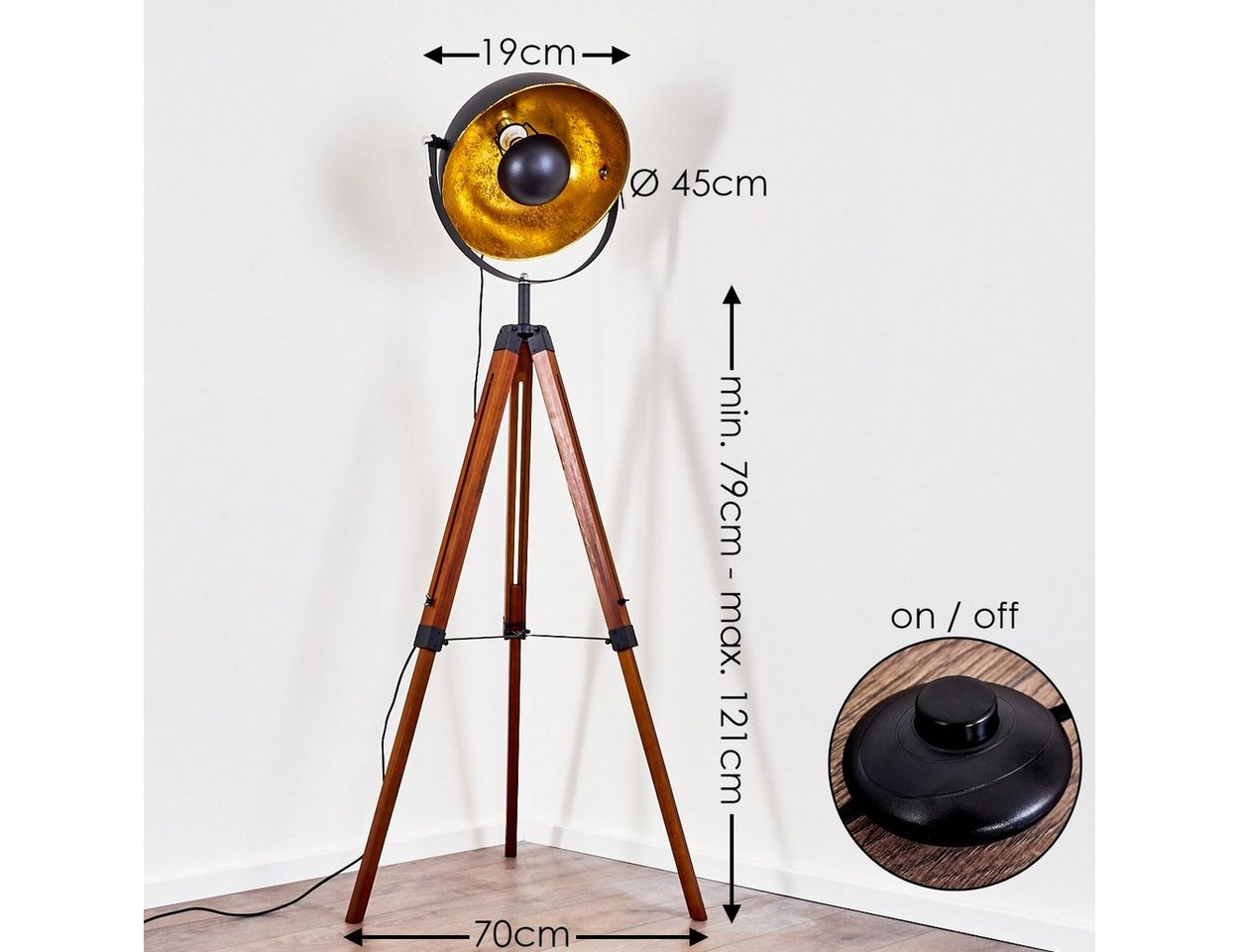 hofstein Stehlampe »Ghedi« Vintage Stehleuchte in Schwarz/Gold aus Metall, ohne Leuchtmittel, Gestell Holz in Weiß, Ø45cm, E27, verstellbare Bodenleuchte Bild 3