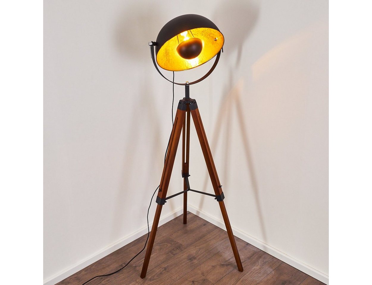 hofstein Stehlampe »Ghedi« Vintage Stehleuchte in Schwarz/Gold aus Metall, ohne Leuchtmittel, Gestell Holz in Weiß, Ø45cm, E27, verstellbare Bodenleuchte Bild 4