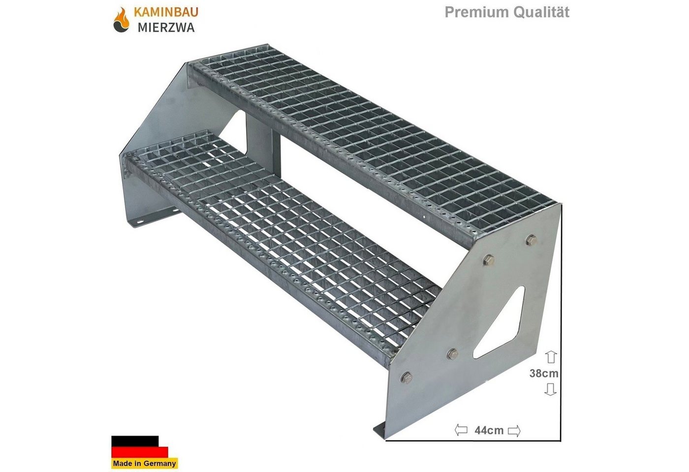 Kaminbau Mierzwa Außentreppe Premium Treppe Verzinkt Freistehend, für Geschosshöhen bis 38.00 cm, Stufen Gitterroststufen nach DIN 24531, (Höhe 38 cm, Breite wählbar aus 60, 80, 100, 120, 140 cm), Gartentreppe Stahltreppe Wetterfest Rostfrei Feuer-Verzinkt Rutschfest Bild 2