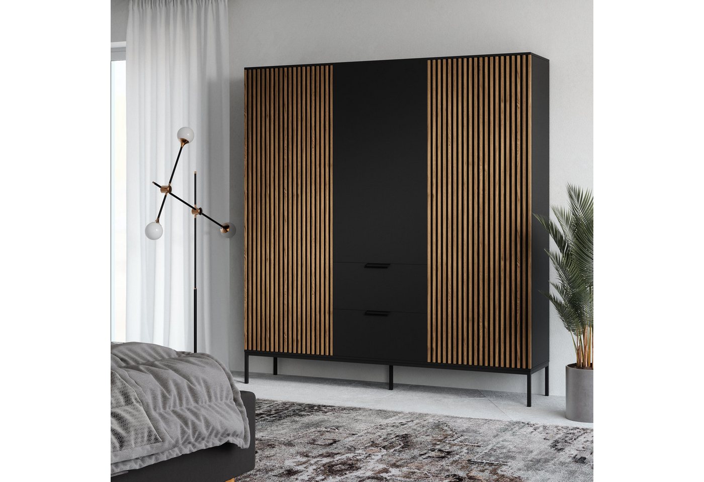 MOEBLO Drehtürenschrank Schrank Meteor 185 (Kleiderschrank Drehtürenschrank mit Schubladen Falttürenschrank 2-türig Schrank mit Einlegeböden und Kleiderstange Garderobe Schrank Schlafzimmer, artisan / schwarz) (HxTxB):200x60x185 cm