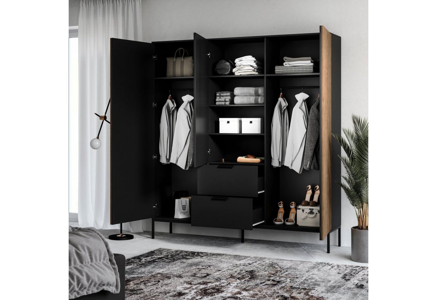 MOEBLO Drehtürenschrank Schrank Meteor 185 (Kleiderschrank Drehtürenschrank mit Schubladen Falttürenschrank 2-türig Schrank mit Einlegeböden und Kleiderstange Garderobe Schrank Schlafzimmer, artisan / schwarz) (HxTxB):200x60x185 cm Bild 3