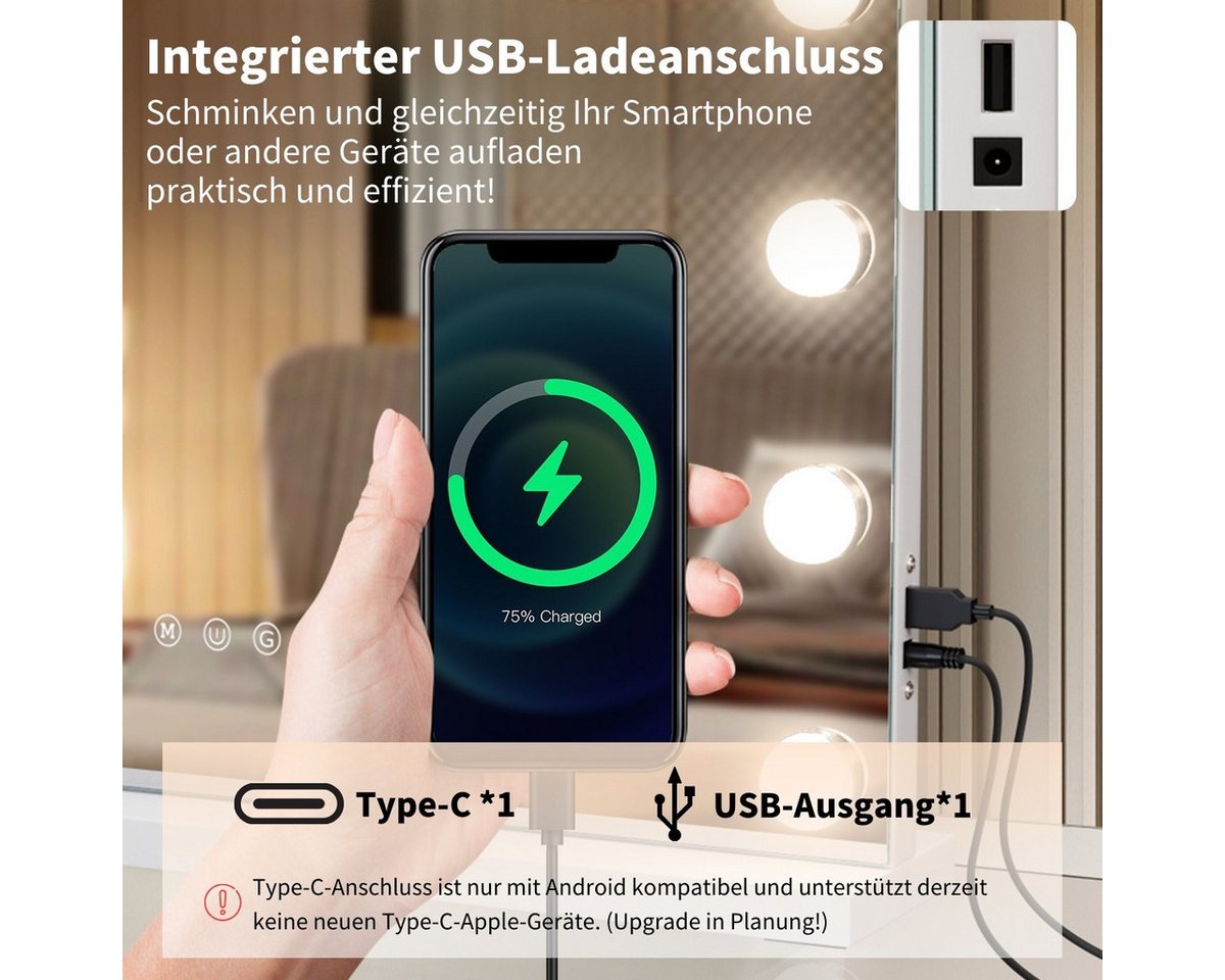 MCURO Kosmetikspiegel Hollywood Schminkspiegel mit Beleuchtung und USB, 10X Vergrößerung (58x46cm, Memory-Funktion, Dimmbare Leuchten, 3 Lichtmodi), Schminkspiegel 14 Sonder-LED & USB-Ladeport, für Schminktisch,Kosmetik Bild 2