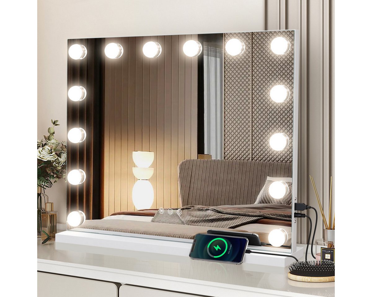 MCURO Kosmetikspiegel Hollywood Schminkspiegel mit Beleuchtung und USB, 10X Vergrößerung (58x46cm, Memory-Funktion, Dimmbare Leuchten, 3 Lichtmodi), Schminkspiegel 14 Sonder-LED & USB-Ladeport, für Schminktisch,Kosmetik Bild 3