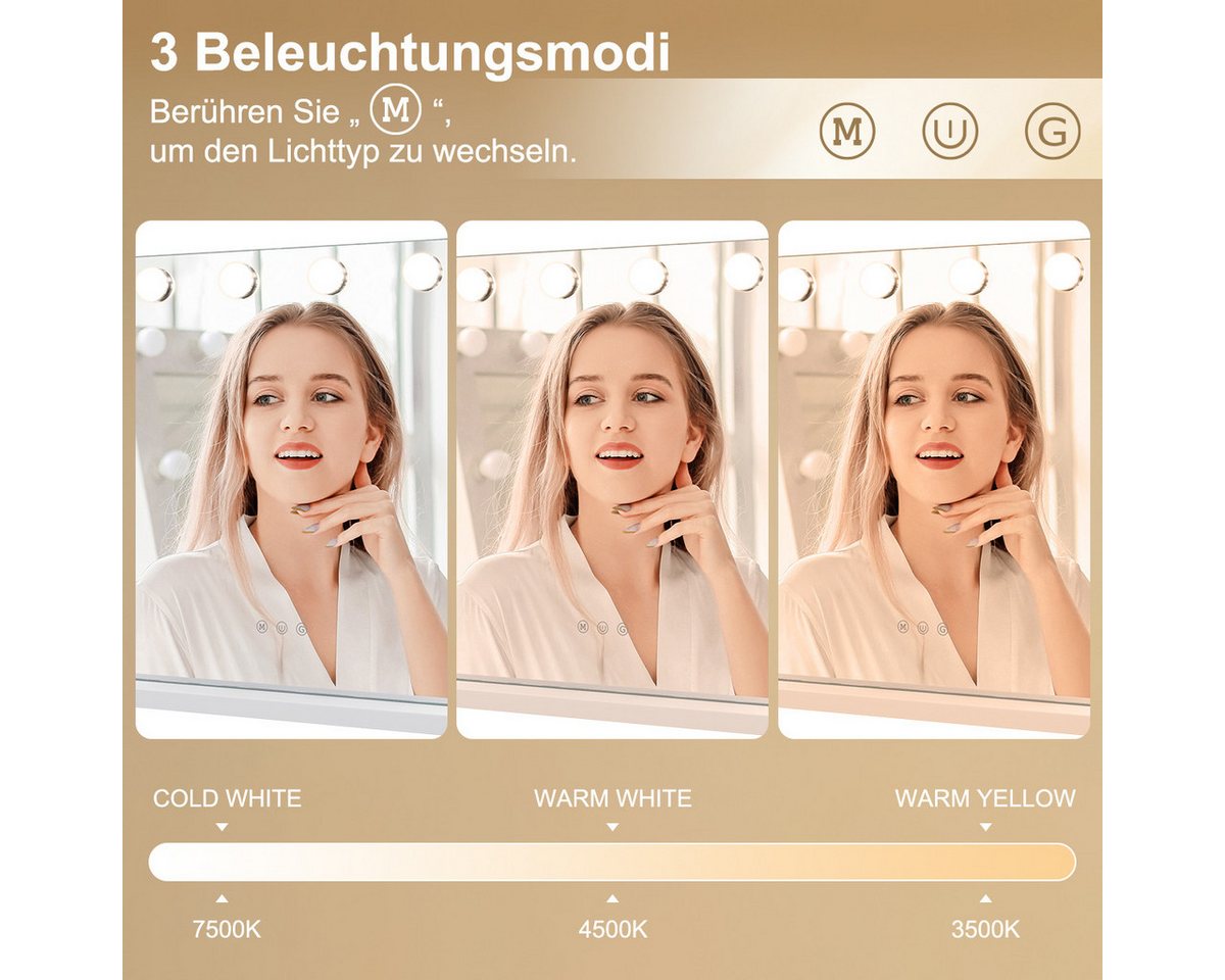 MCURO Kosmetikspiegel Hollywood Schminkspiegel mit Beleuchtung und USB, 10X Vergrößerung (58x46cm, Memory-Funktion, Dimmbare Leuchten, 3 Lichtmodi), Schminkspiegel 14 Sonder-LED & USB-Ladeport, für Schminktisch,Kosmetik Bild 4